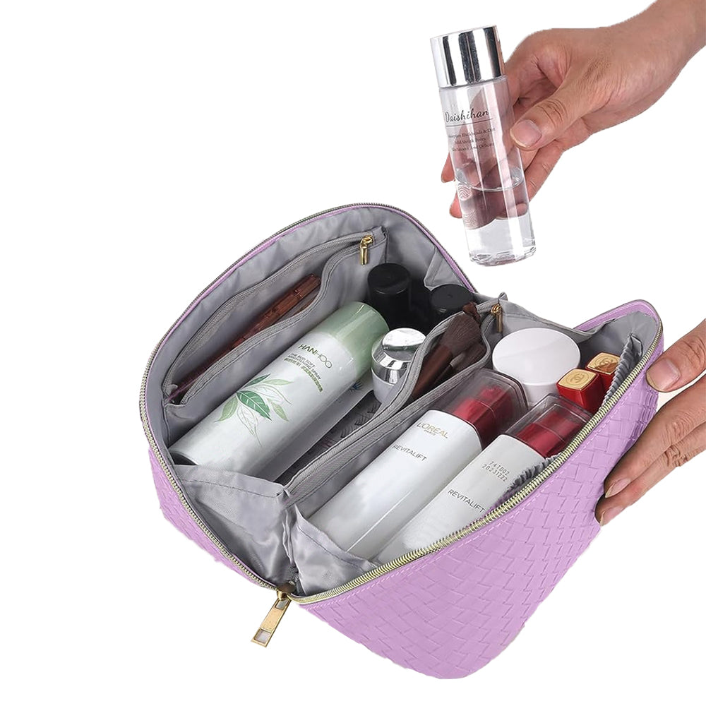 Makeup Bag Large Capacity Travel Cosmetic Bag Portable PU Leather Makeup Bag Organizer Purple
