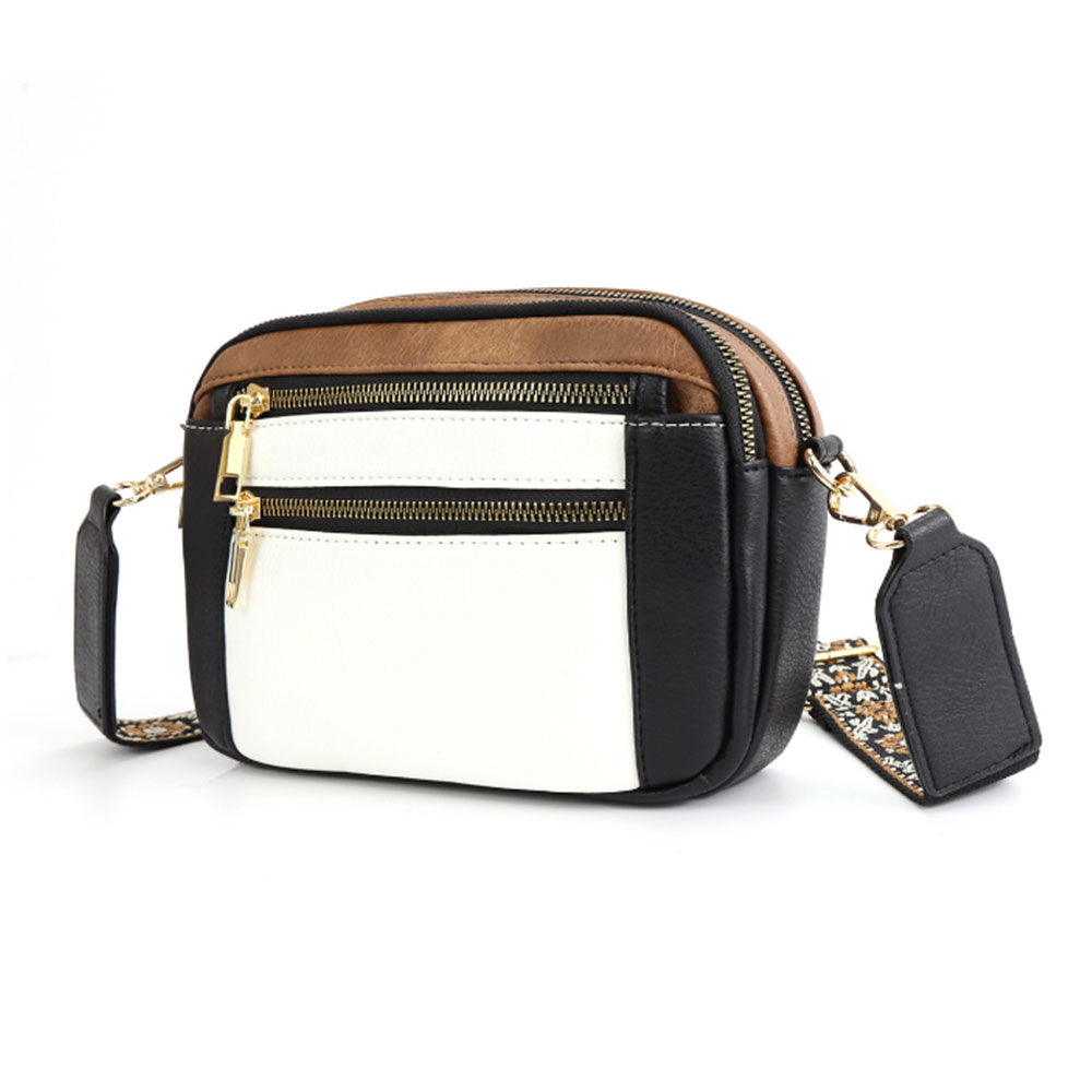 Color-Block Small Crossbody Bags for Women PU Leather Shoulder Handbag Purse with Adjustable Wide Strap Black