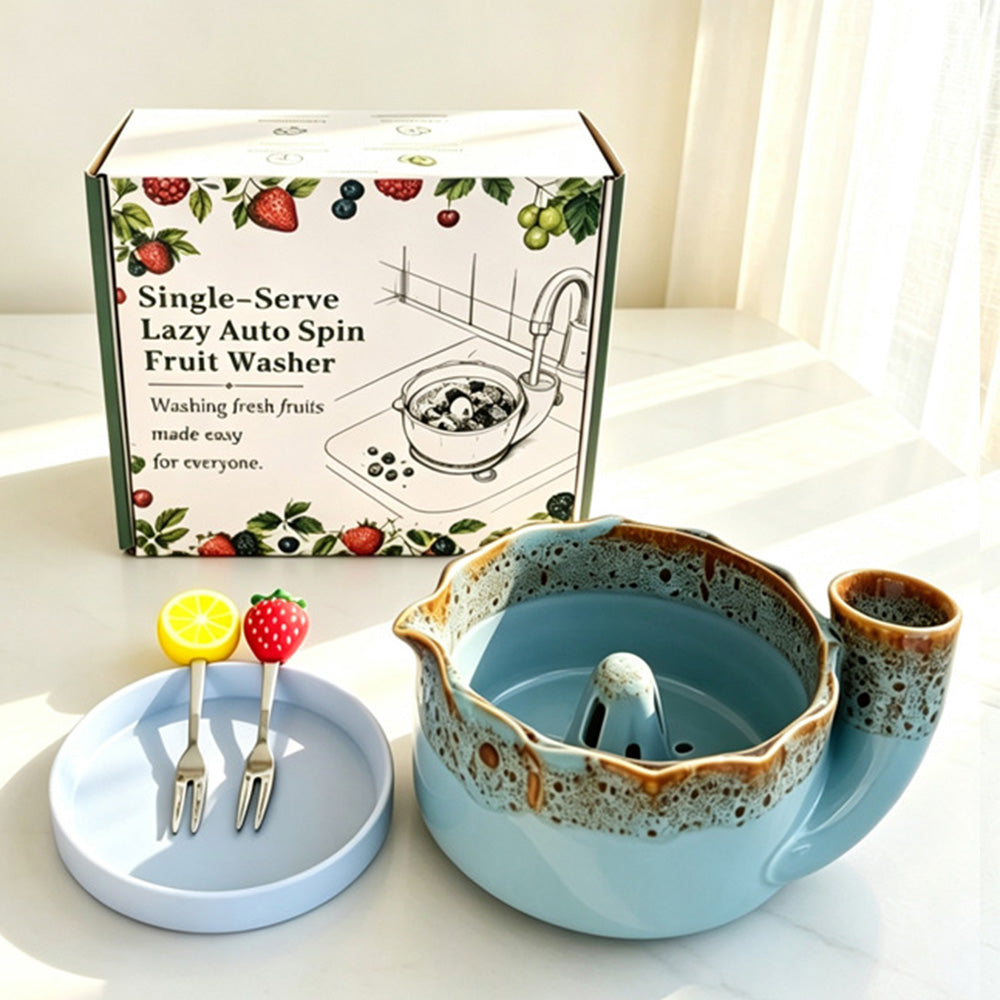 Self-Spinning Ceramic Berry Washing Bowl Set with 2 Fruit Forks - Blue