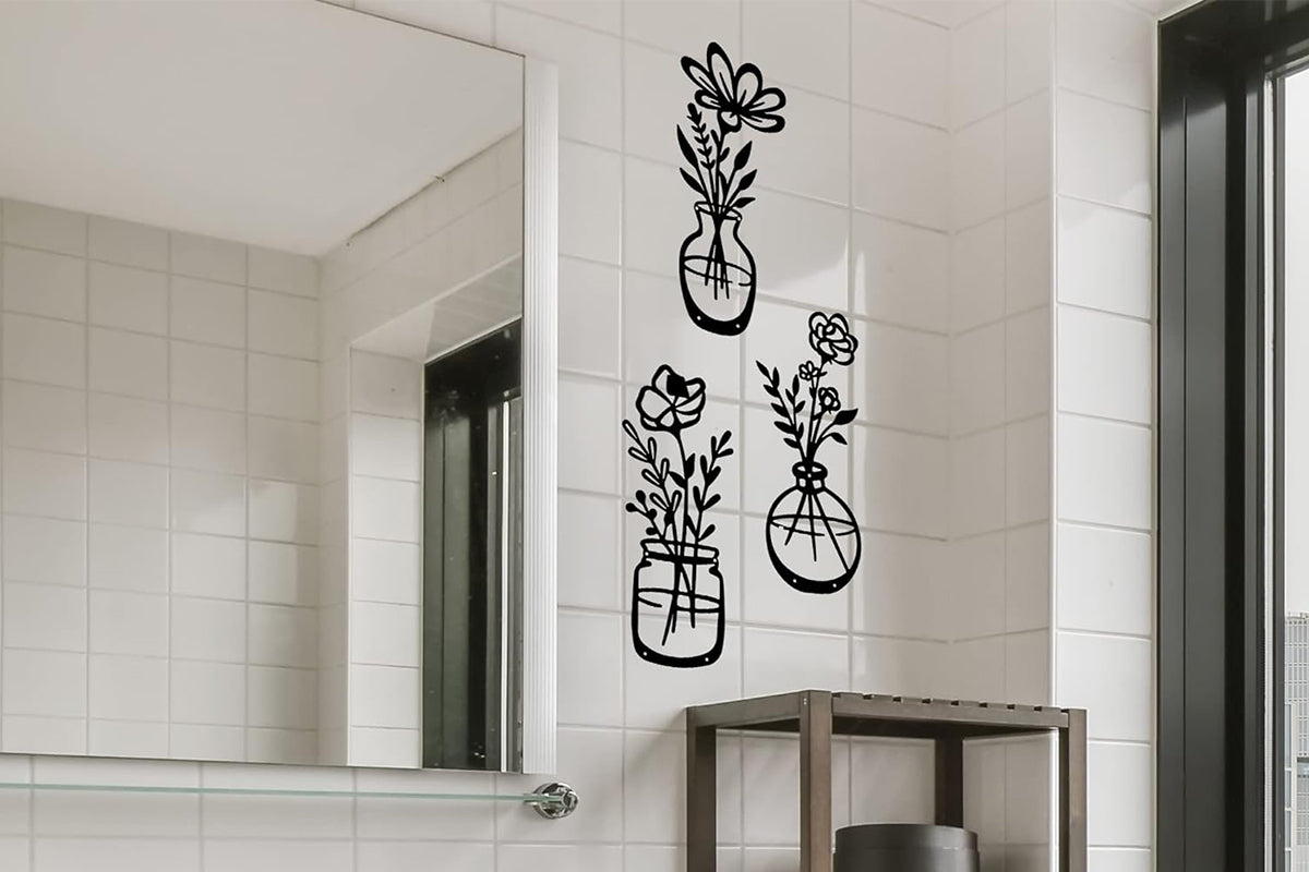 3Pcs Metal Flowers Wall Art Wall Decor Sculptures Hanging for Kitchen Living Room -Black Flowers