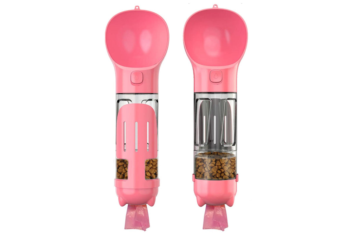2Pcs 4 in1 Pet Feeder 300ml Dog Cat Water Bottle Travel Pooper Scooper For Outdoor-Pink