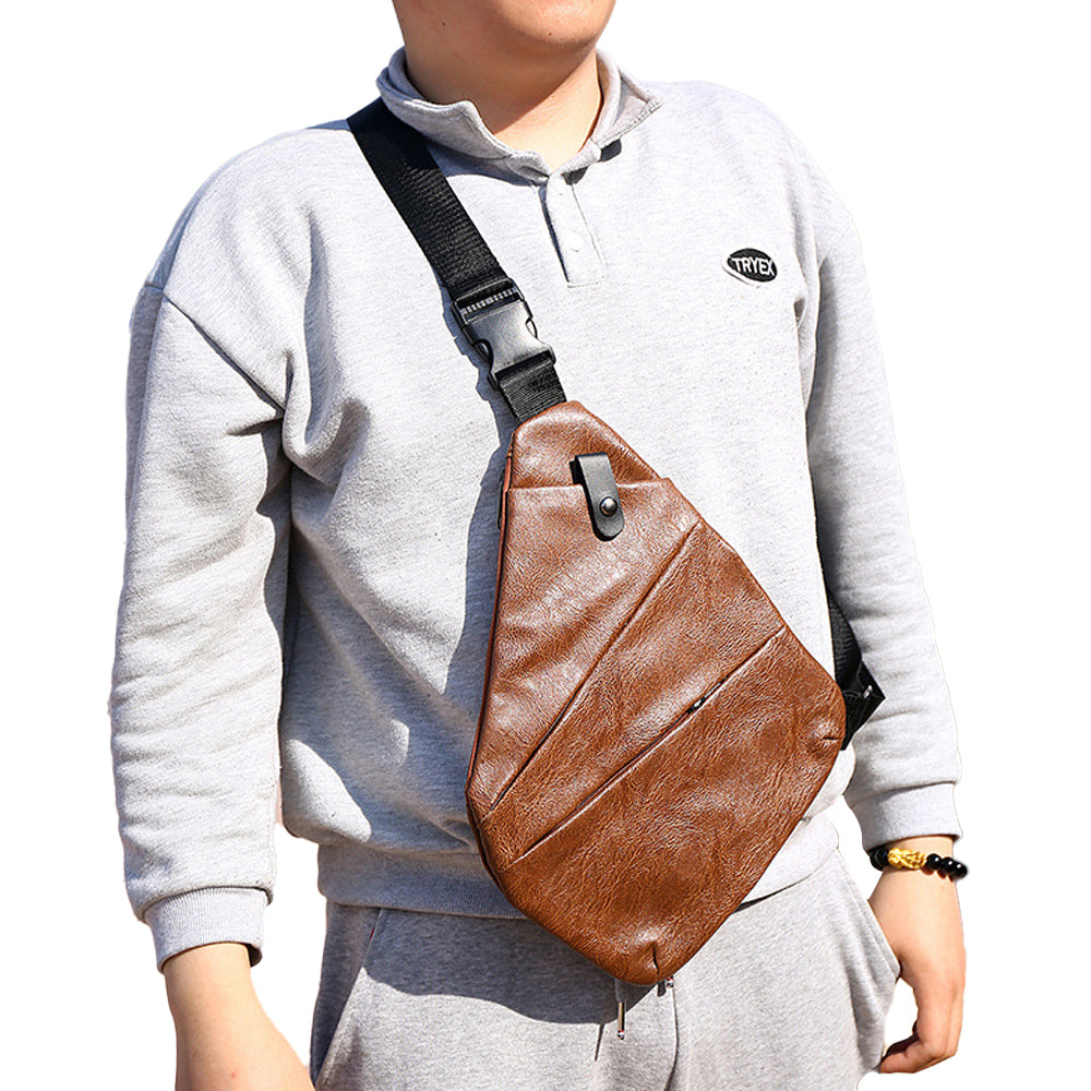 Anti-theft Sling Chest Pack for Men PU Leather Crossbody Shoulder Bag Brown