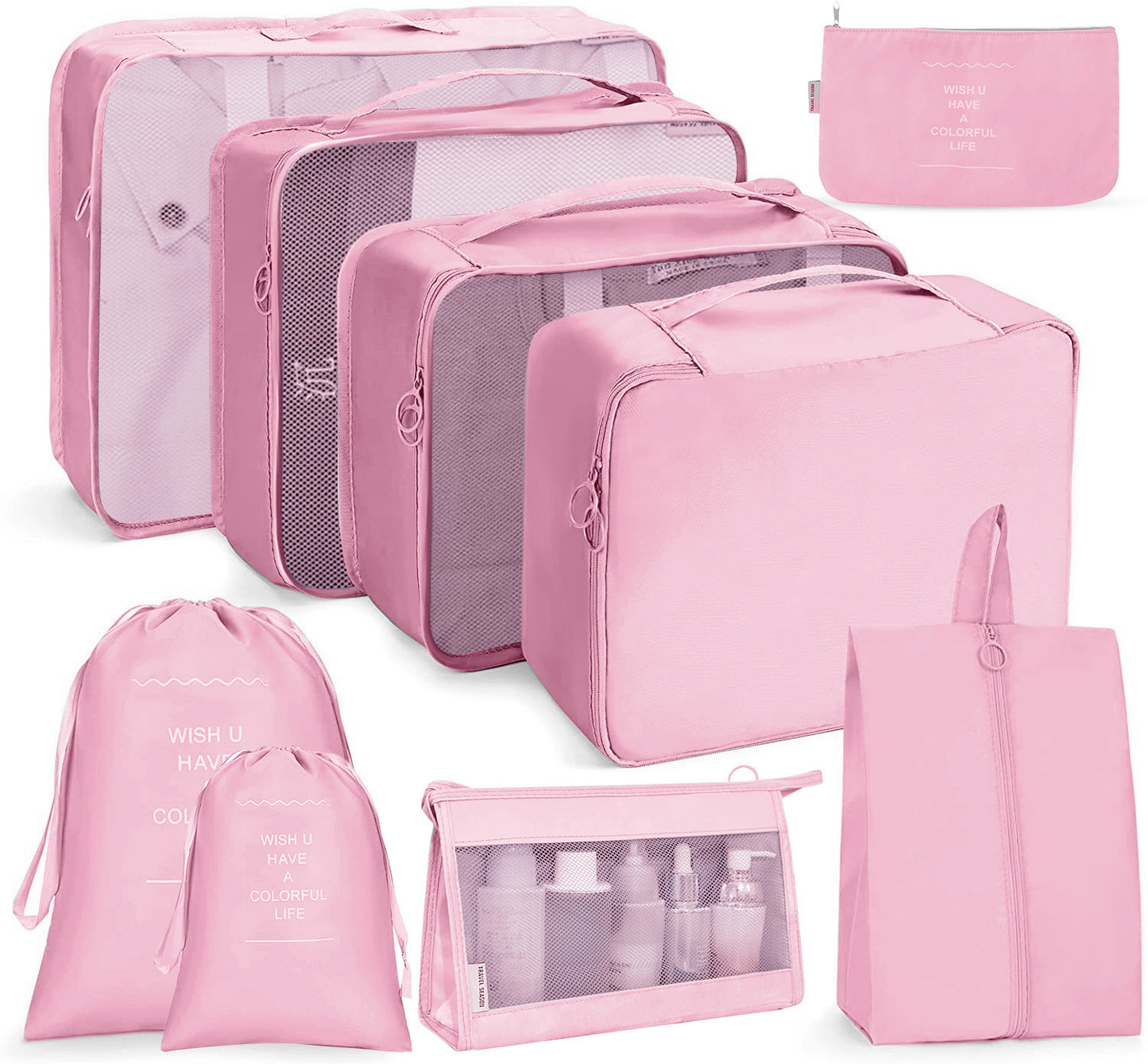 9Pcs Packing Cubes Travel Pouches Luggage Organizer Clothes Suitcase Storage Bag -Pink