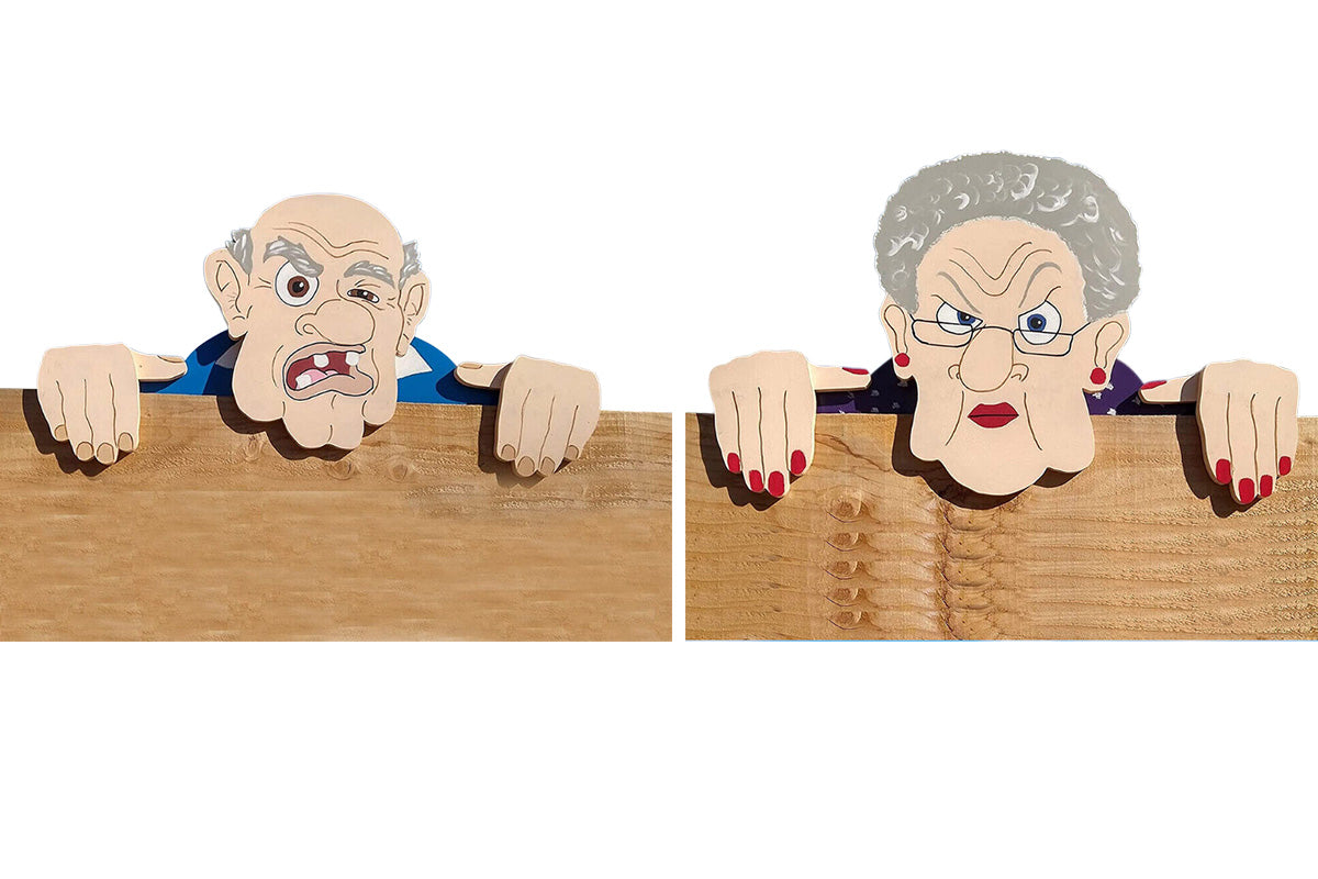 2Pcs Nosy Neighbor Old Man Lady Fence Decoration Yard Garden Fence Sign-Fierce Old Man and Woman