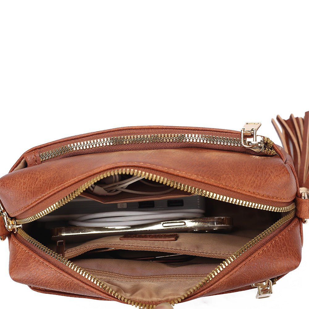 Crossbody Purse for Women Zipper Cell Phone Handbag with Adjustable Guitar Strap Brown