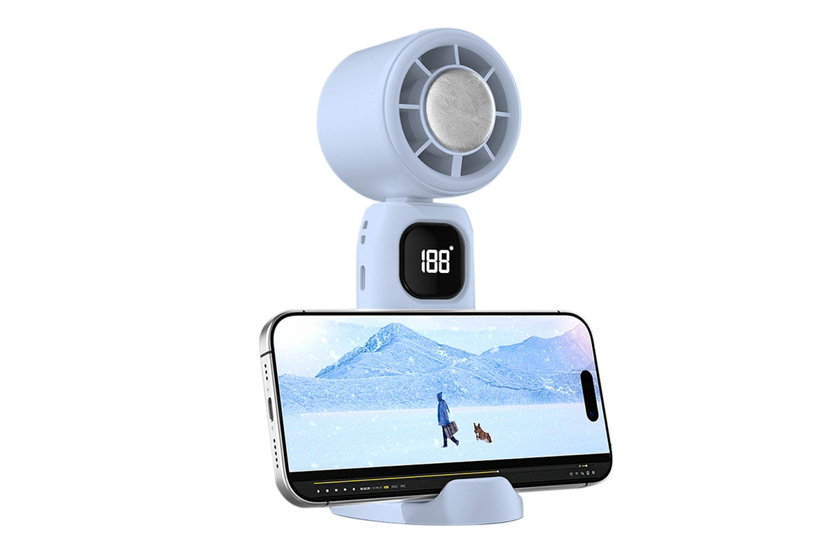 100 Speeds Digital Display Cooling Fan USB Fan with Lanyard and Phone Holder Base-Blue