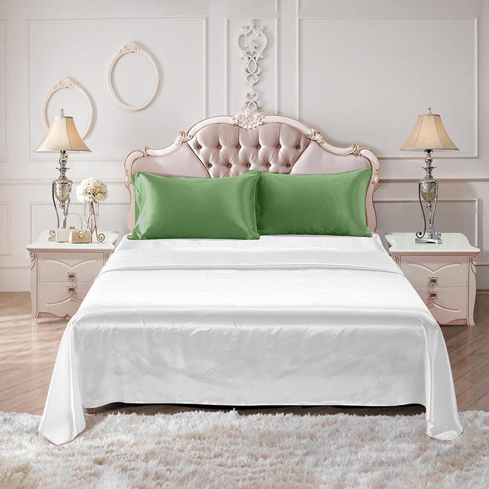 Simulated Silk Standard Pillow Case with Sleeping Bonnet Hair Scrunchy for Hair and Skin Protection Green