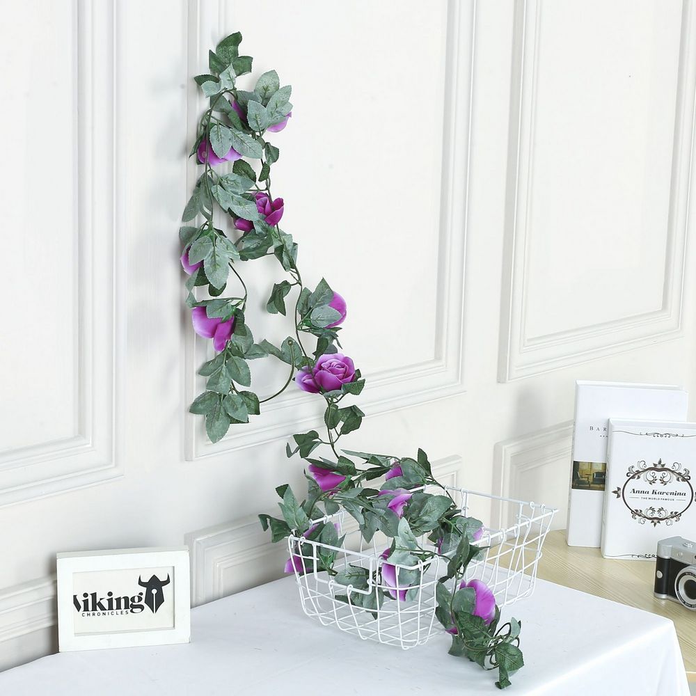 2Pcs Artificial Rose Vines Hanging Rose Flower Garlands For Wedding Home Floral Decor-Purple