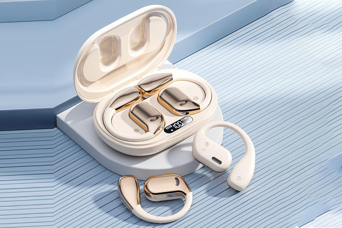 Bluetooth 5.4 Headphones TWS HiFi Stereo Earbuds Over Ear Ear Buds IP6 Waterproof Wireless Earphones LED Display Headset for Gym-Beige