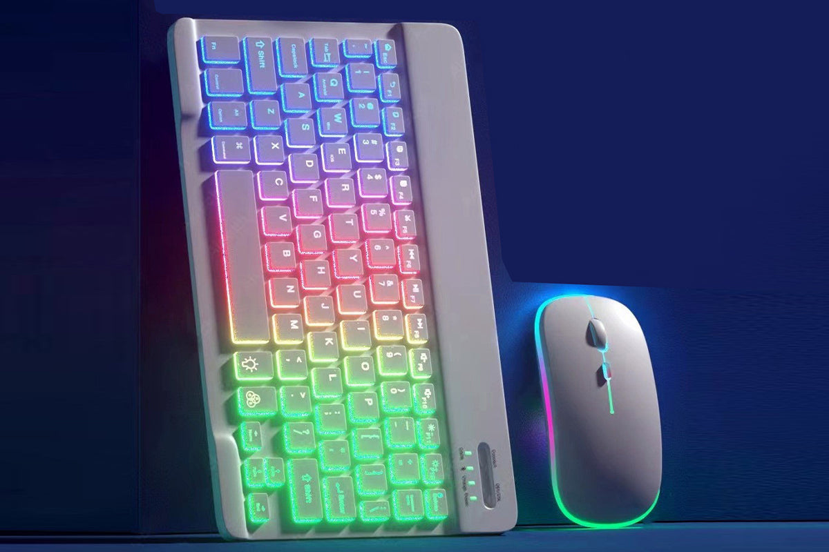 Ultra thin Bluetooth Keyboard and Mouse Combo for iPad Rechargeable RGB Wireless Keyboard Mouse 7-Color Backlit-Black