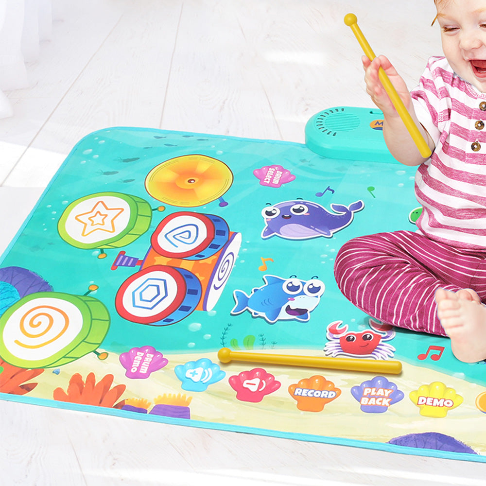 2-in-1 Piano Drum Mat Music Touch Music Mat Toys with 6 Instrument Sounds for Kids Blue