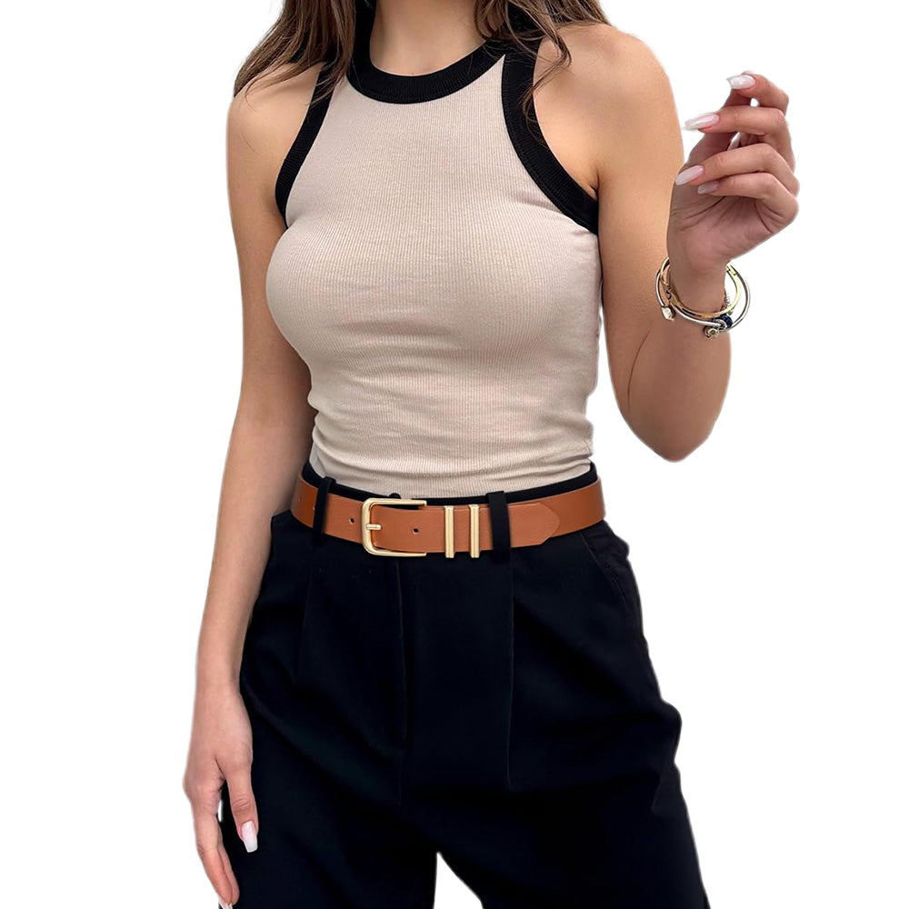 Women PU Leather Waist Belt Gold Pin Buckle Casual Belt for Jeans Dress-Camel