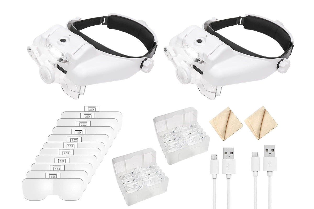 2pcs Rechargeable LED Headband Magnifier 1X 14X Hands Free Glasses with 6 Lenses