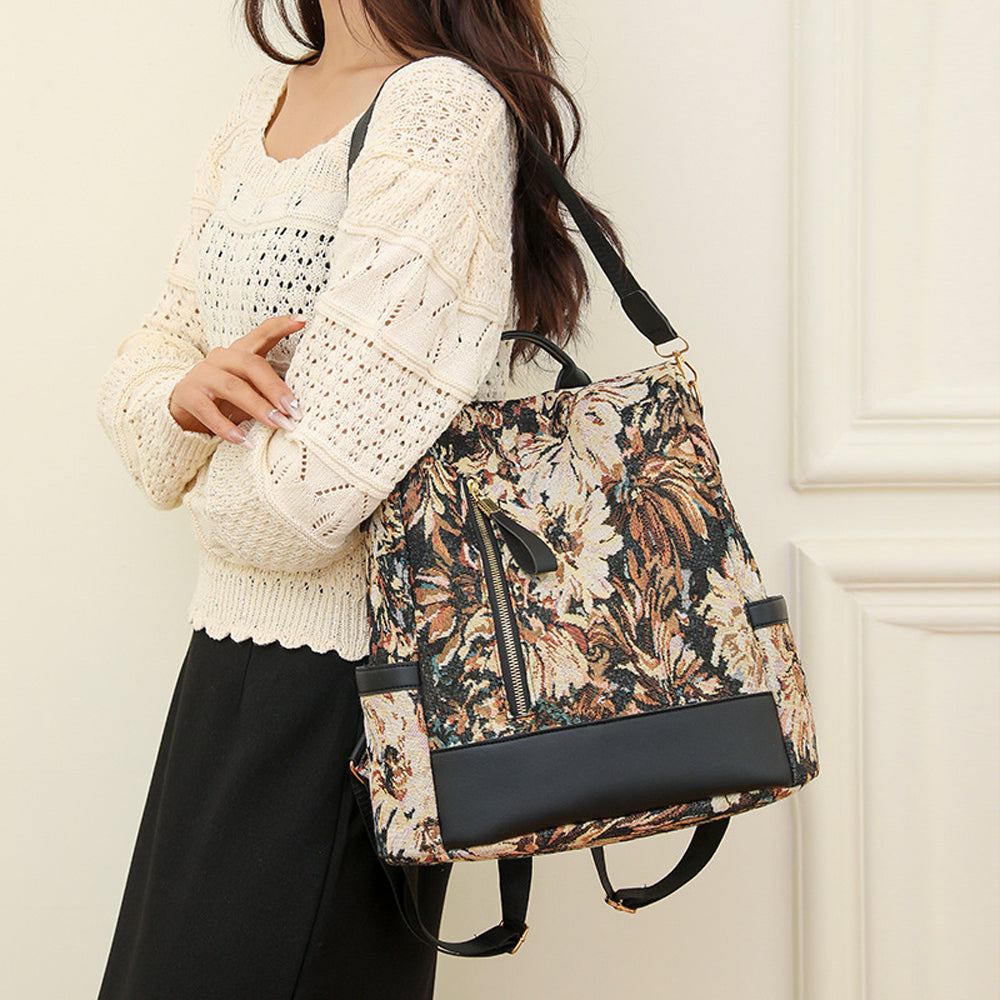 Printed Anti-theft Backpack Multifunctional Large Capacity Travel Bag Brown