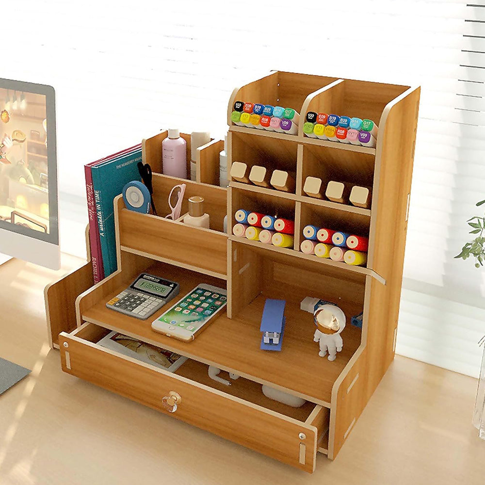 6 Compartment Wooden Desk Organizer with Drawers Art Supplies Storage Desktop Stationary-Khaki