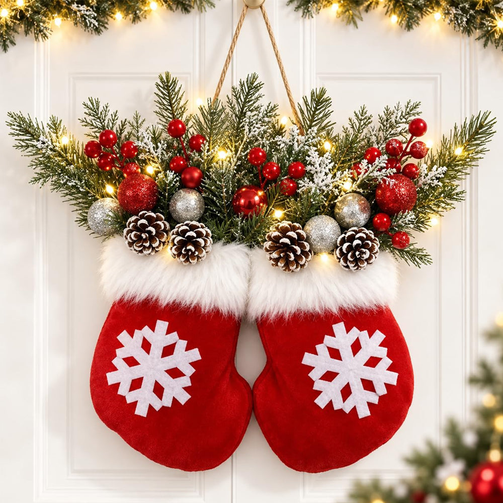 Christmas Wreath Sock Shape with Warm Light Door Hanging Decor