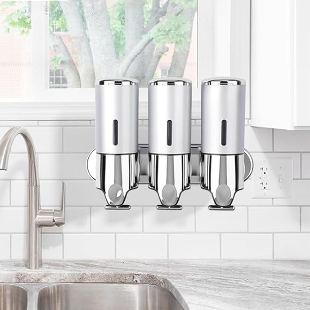 3-Chamber Shower Soap Dispenser Wall-Mounted Shampoo and Conditioner Dispenser with Visible Window Silver