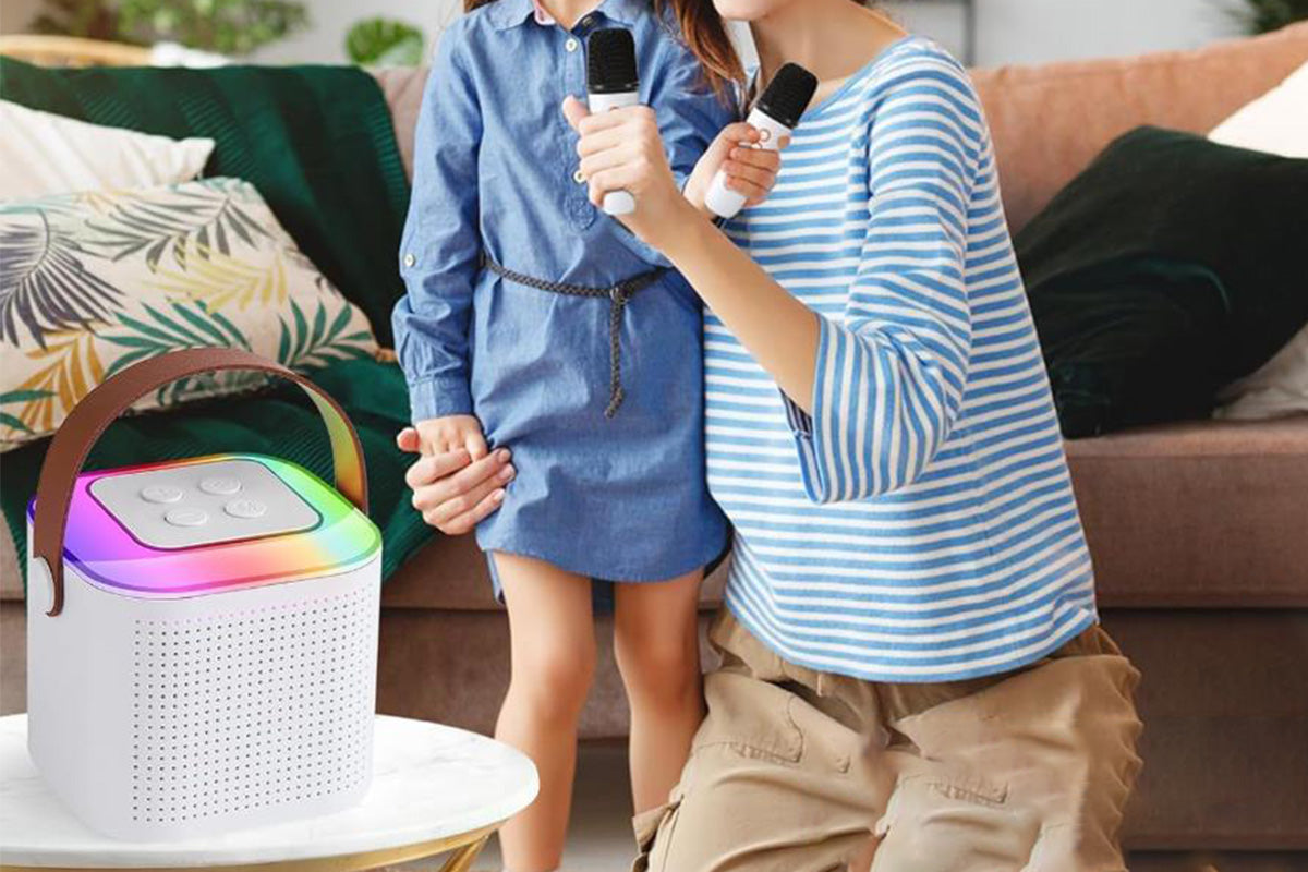 Bluetooth Mini Karaoke Machine Karaoke Speaker with 2 Wireless Microphones and Party Lights for Family Birthday Gifts -White