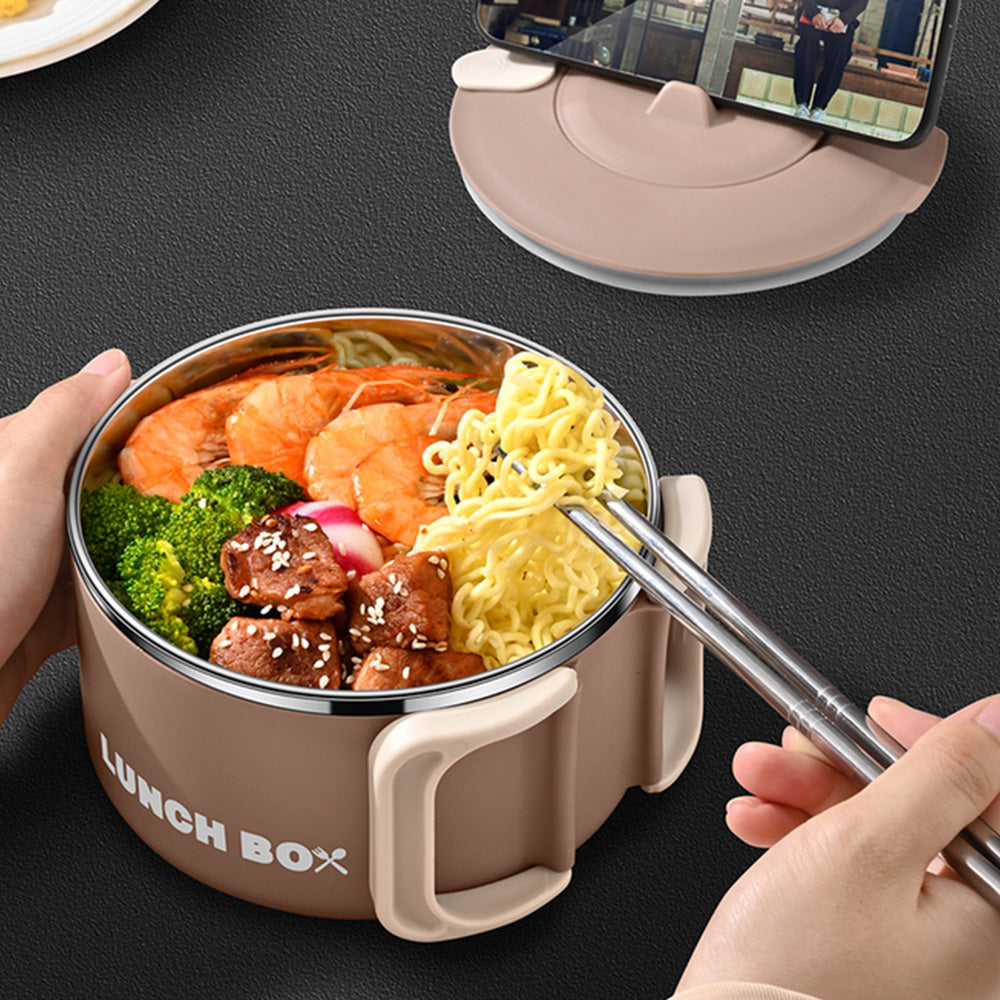 1200ML Large Ramen Bow with Lid Spoon Storage Bag-Brown