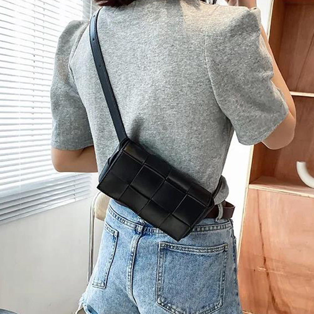 PU Leather Woven Style Crossbody Bag Small Shoulder Fanny Pack for Women Black