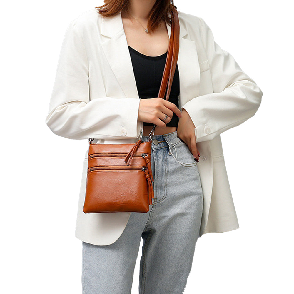 Multi Zipper Pocket Women's Mobile Phone Bag Crossbody Bag Shoulder Bag Brown