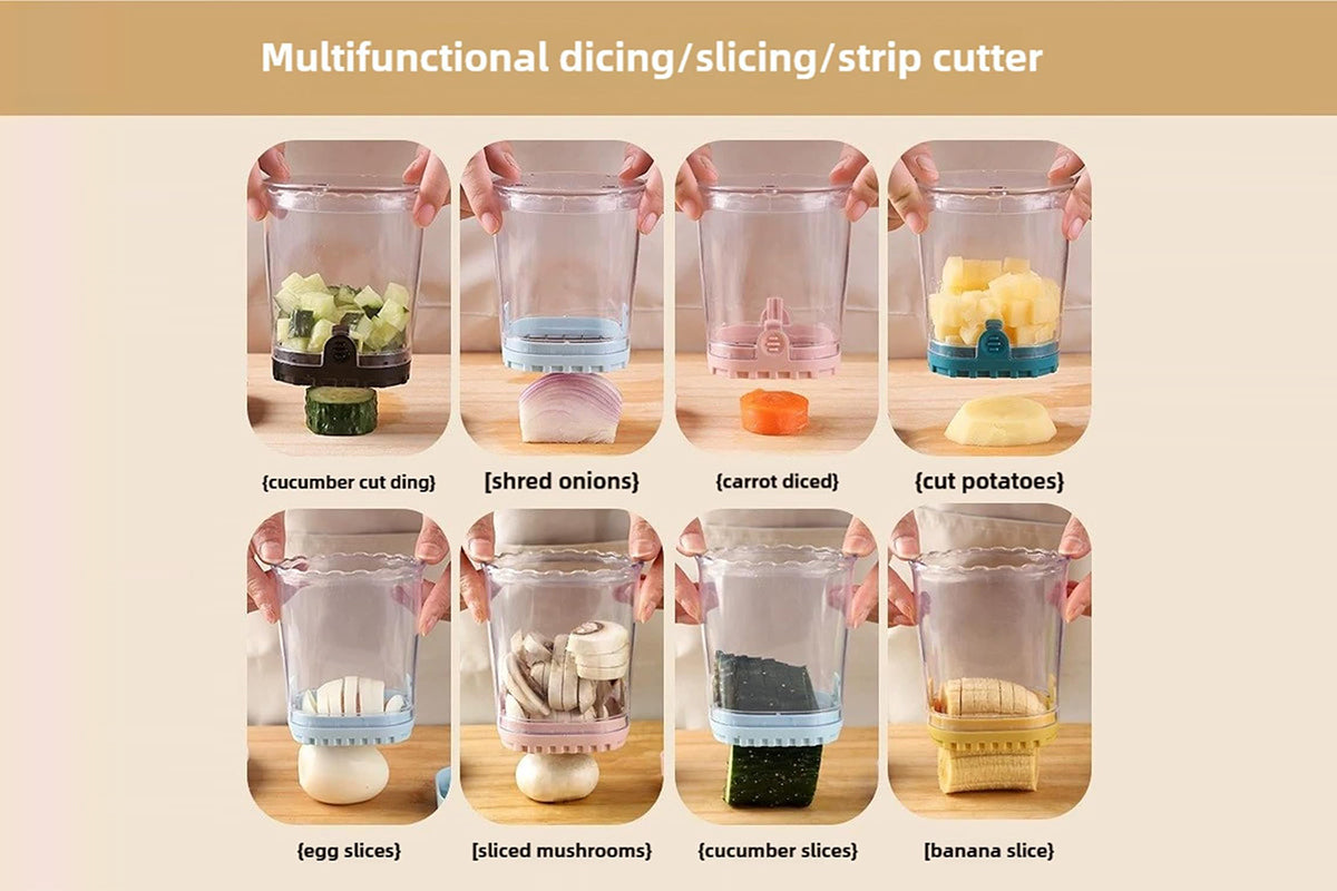 2-in-1 Kitchen Fruit Slicer Cup with Removable Blade and Push Plate for Strawberry Banana -Yellow