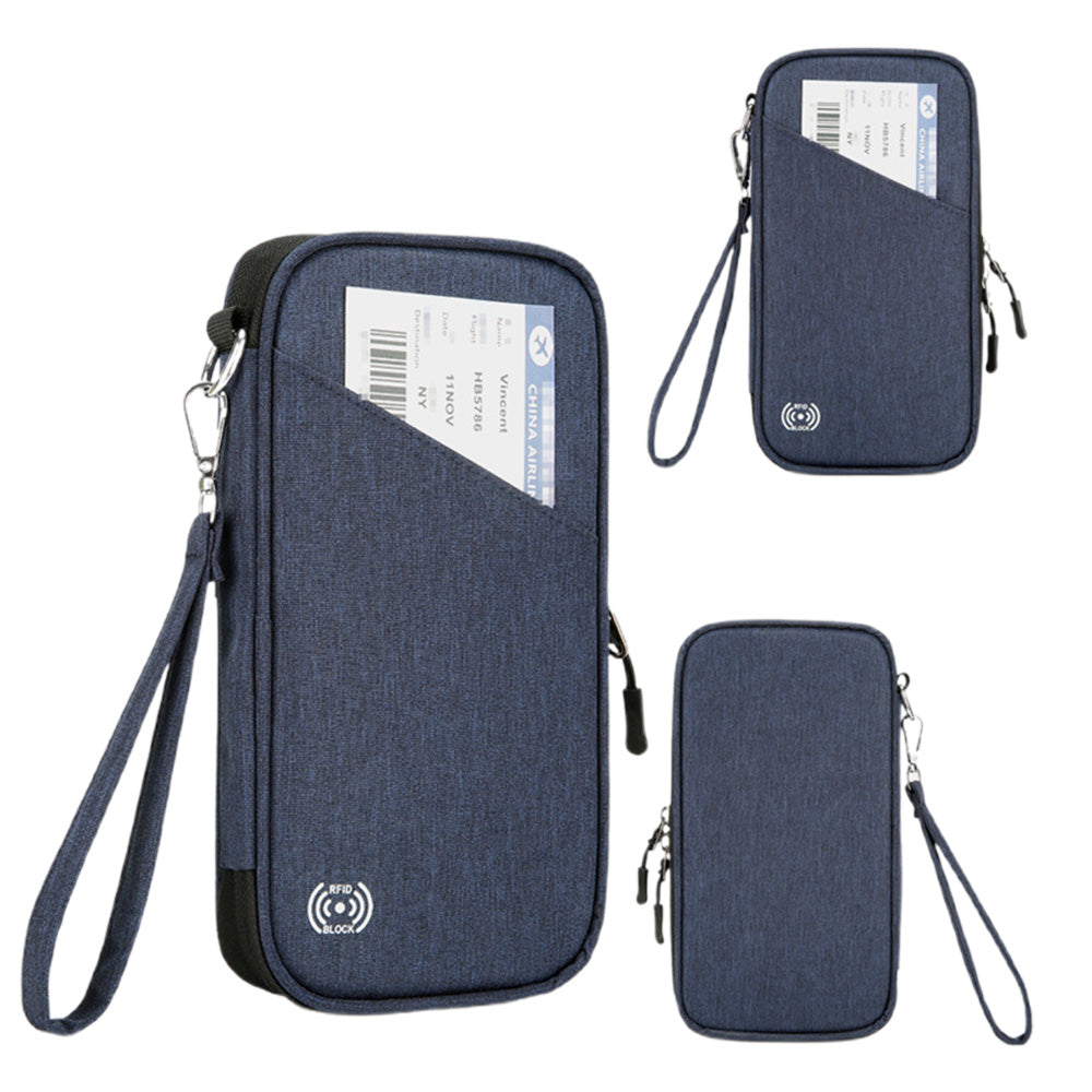 RFID Blocking Passport Holder Family Travel Card Organizer With Zipper Blue