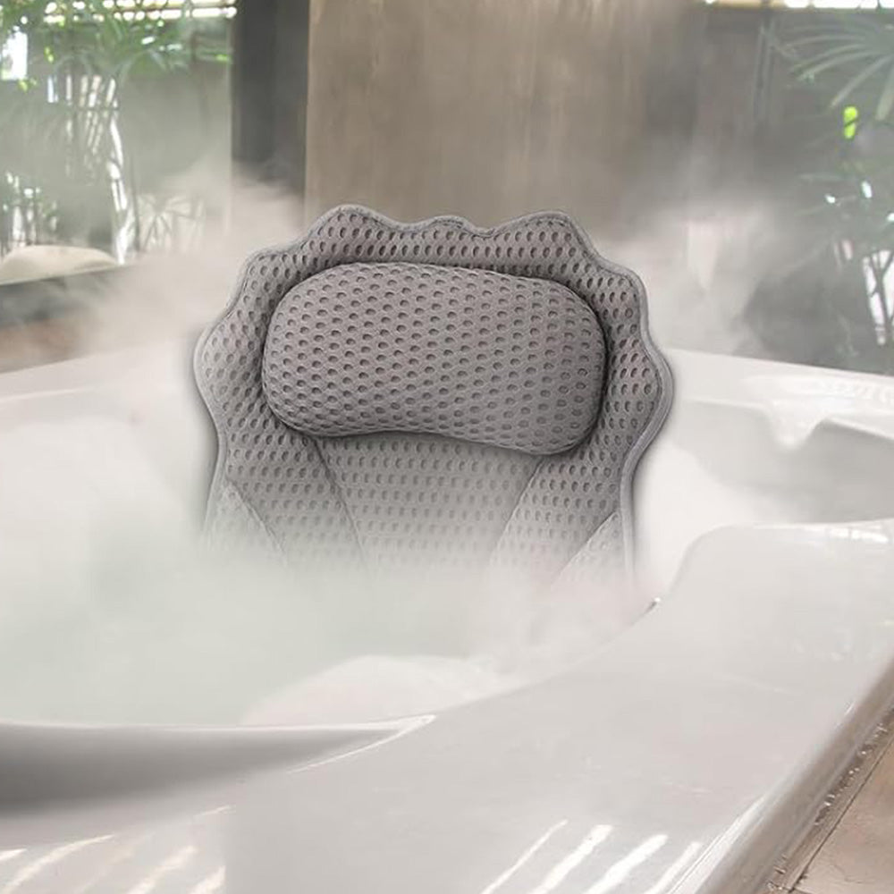 Bath Pillow with Headrest and 6 Suction Cups for Tub Support and Relaxation Grey