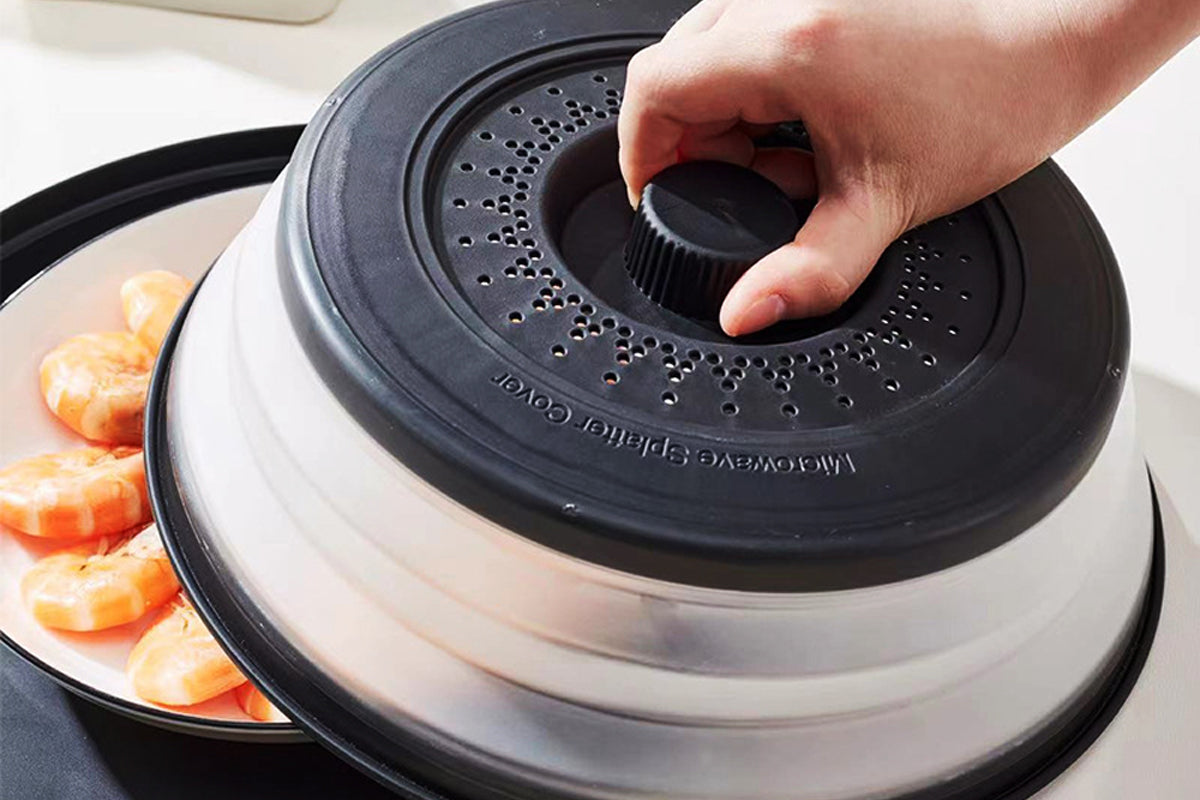 Microwave Food Splatter Cover with Drip Tray and Handles-Black