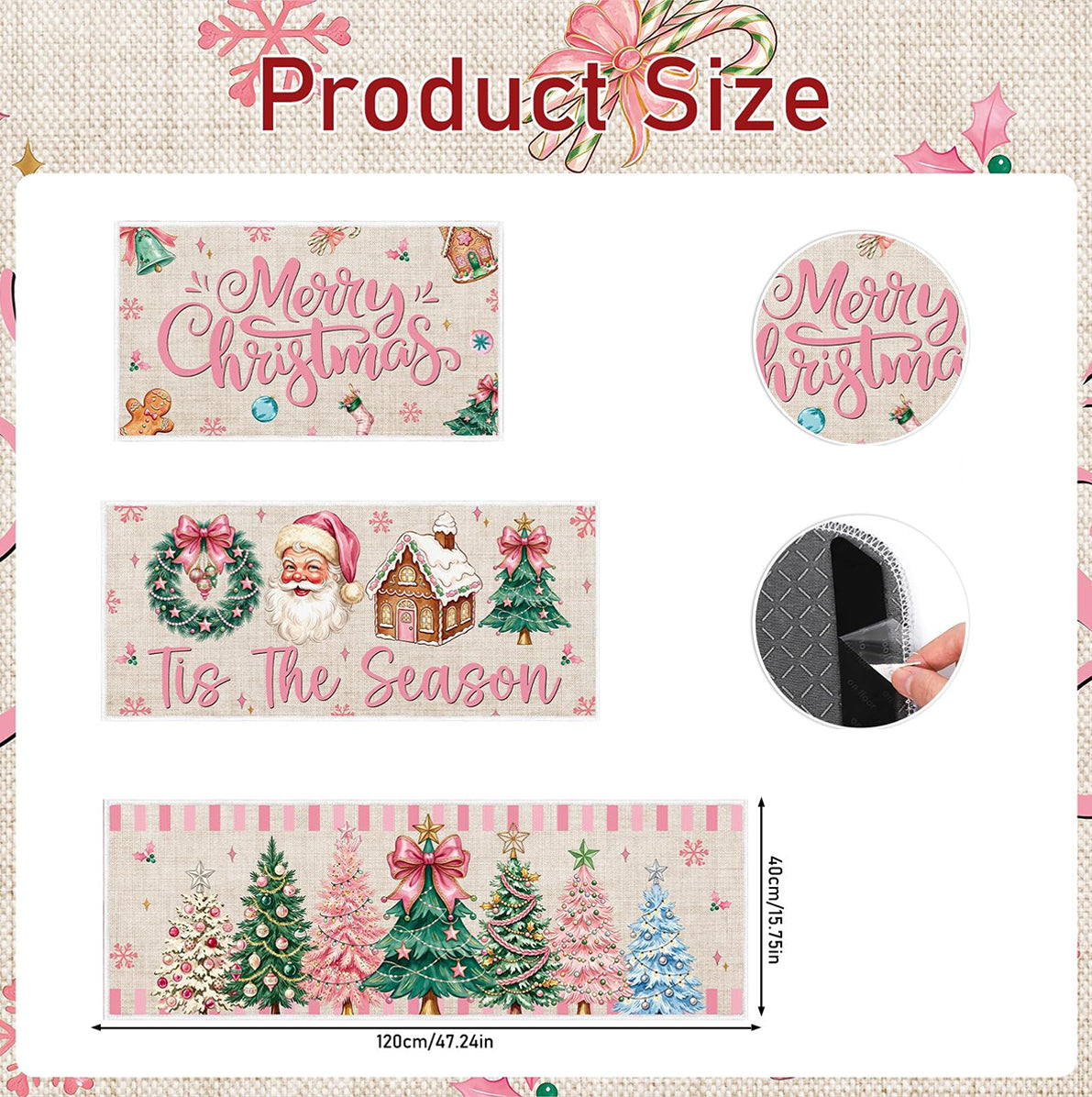 3 Piece Christmas Kitchen Floor Mat Set - Pink Christmas Tree