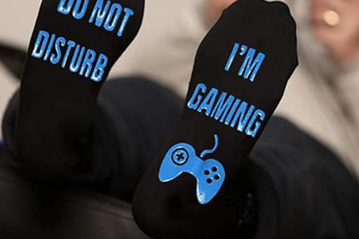 Funny Gaming Socks with Do Not Disturb I Am Gaming Text-Blue