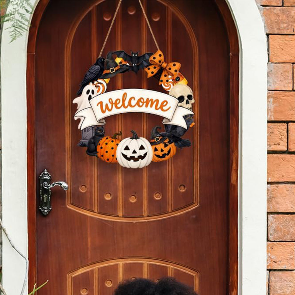 2 Pack Engineered Wood Halloween Ghost Pumpkin Hanging Door Signs - Welcome