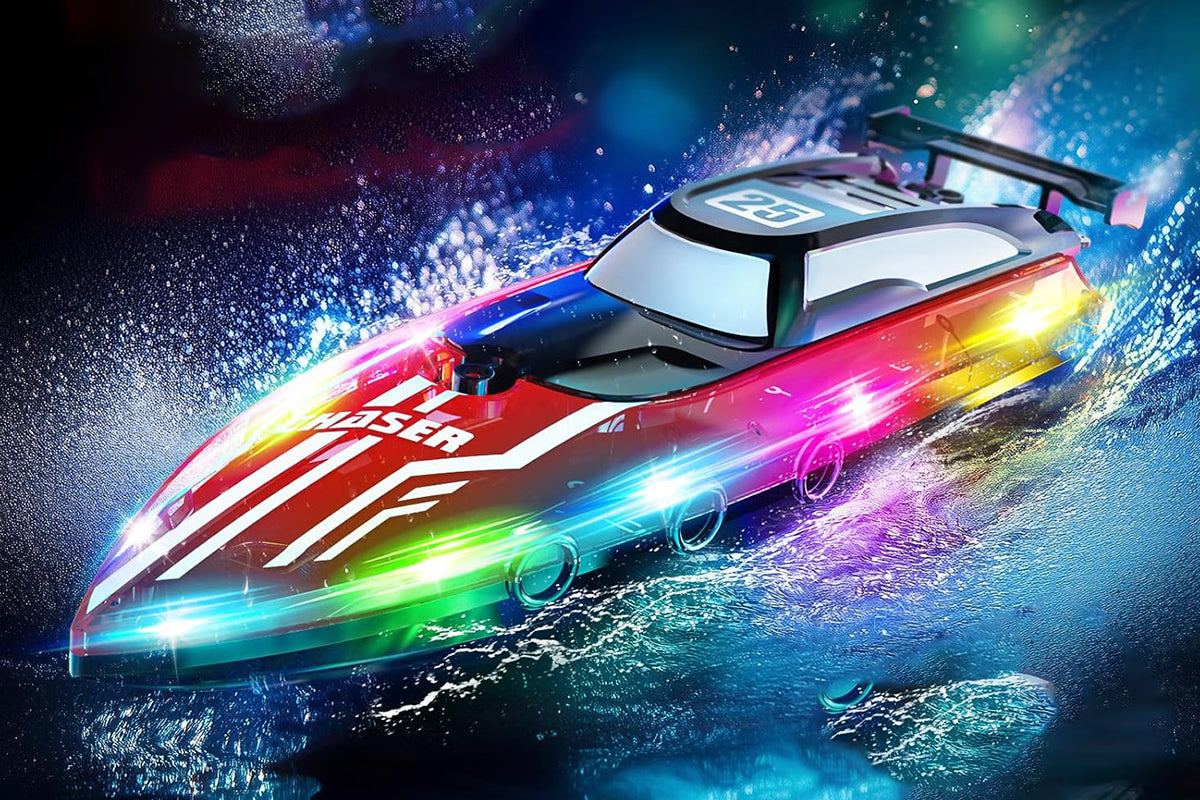 RC Boat for Little Ones with LED Lights 2.4Ghz Remote Control Racing Boats for Ages 6-Red