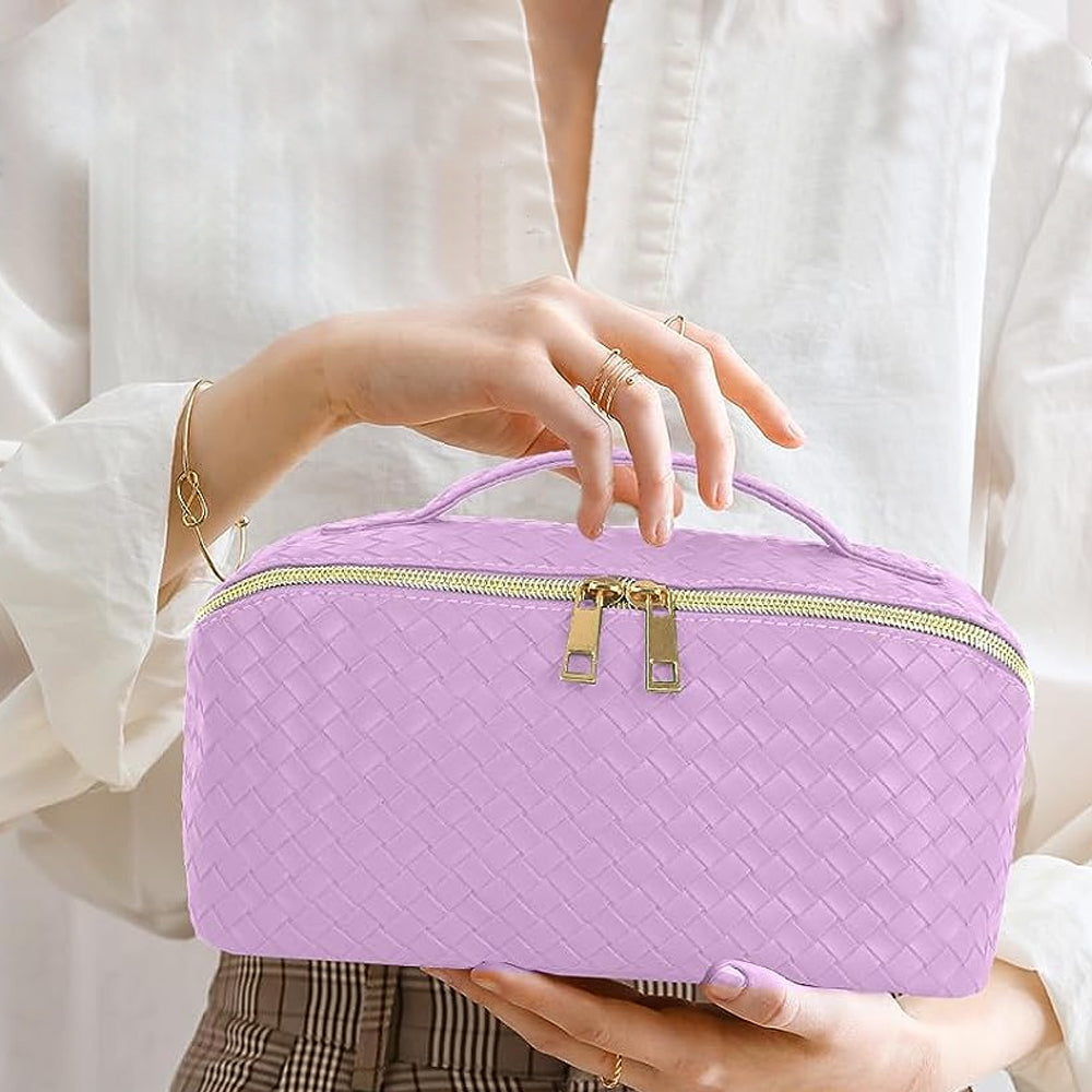 Makeup Bag Large Capacity Travel Cosmetic Bag Portable PU Leather Makeup Bag Organizer Purple