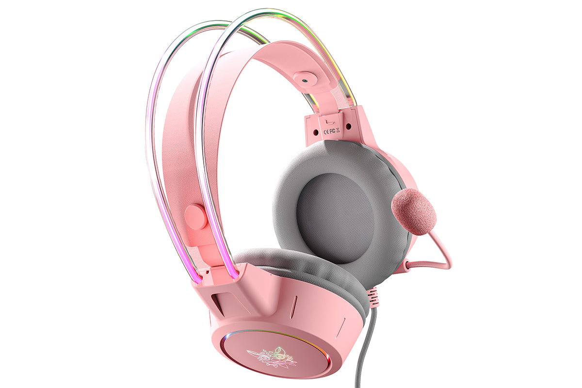 Gaming Headset with Microphone RGB Lighting Wired Over Ear Headphones Surround for PC Laptop PS4 PS5 Xbox Switch -Pink