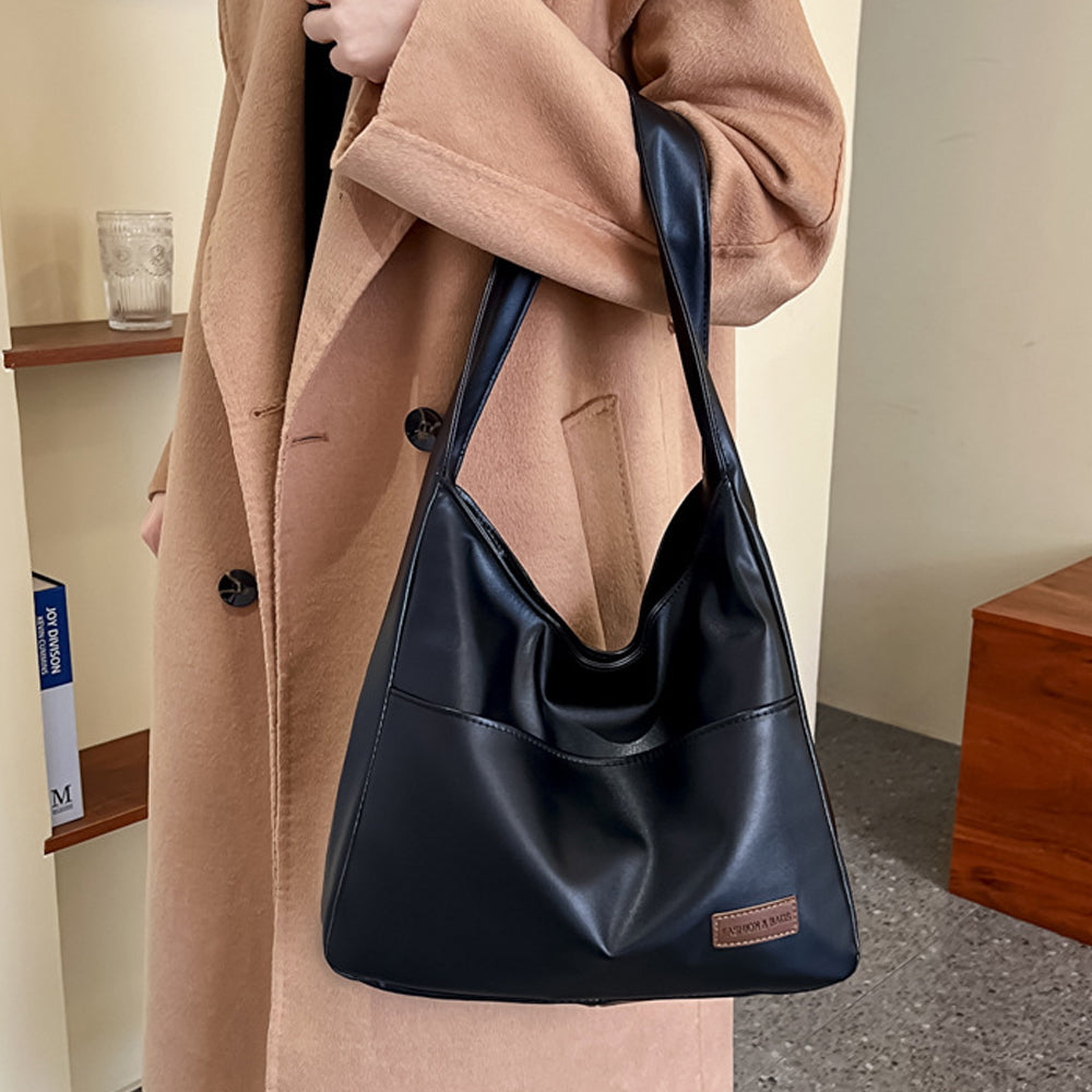 PU Leather Work Shoulder Bag Large Tote Bags for Women Bucket Handbag Black