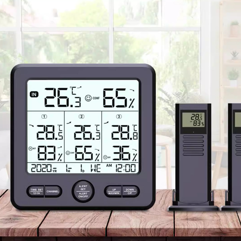 Digital Thermometer Hygrometer with 3 Wireless Sensors Indoor Outdoor Temperature Humidity Monitor Black