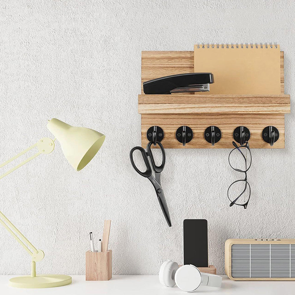 Rustic Wall Mounted Mail and Key Holder Organizer with Hooks for Entryway Wood Color