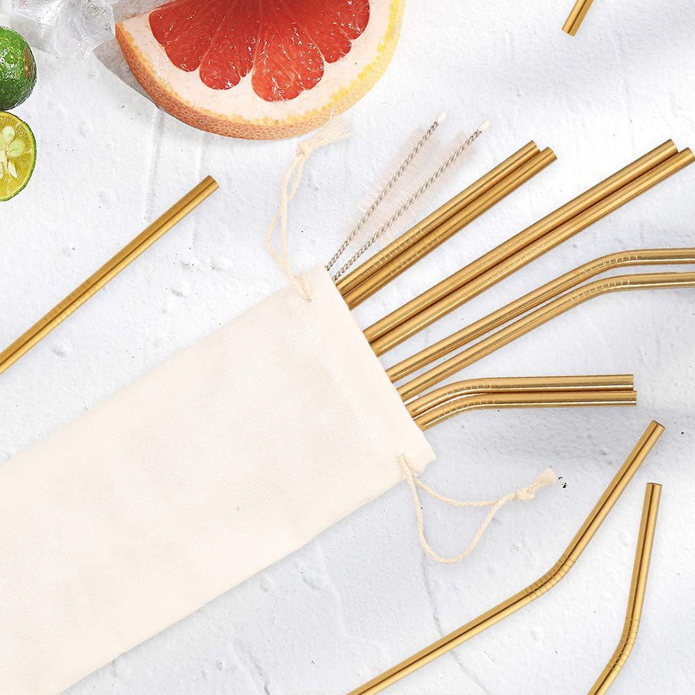17Pcs Reusable Stainless Steel Straws Set with Cleaning Brushes and Pouch-Gold