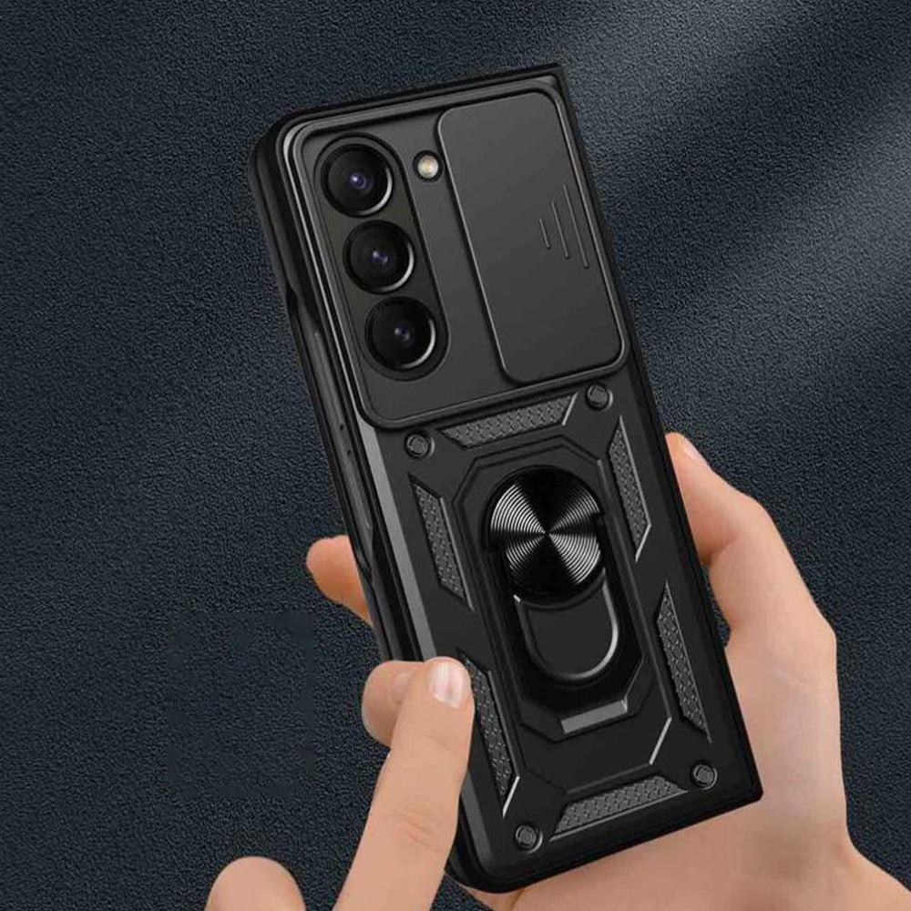 For Samsung Galaxy Z Fold Drop Protection Case Full-Body Shockproof Case with Rotating Ring Stand Black