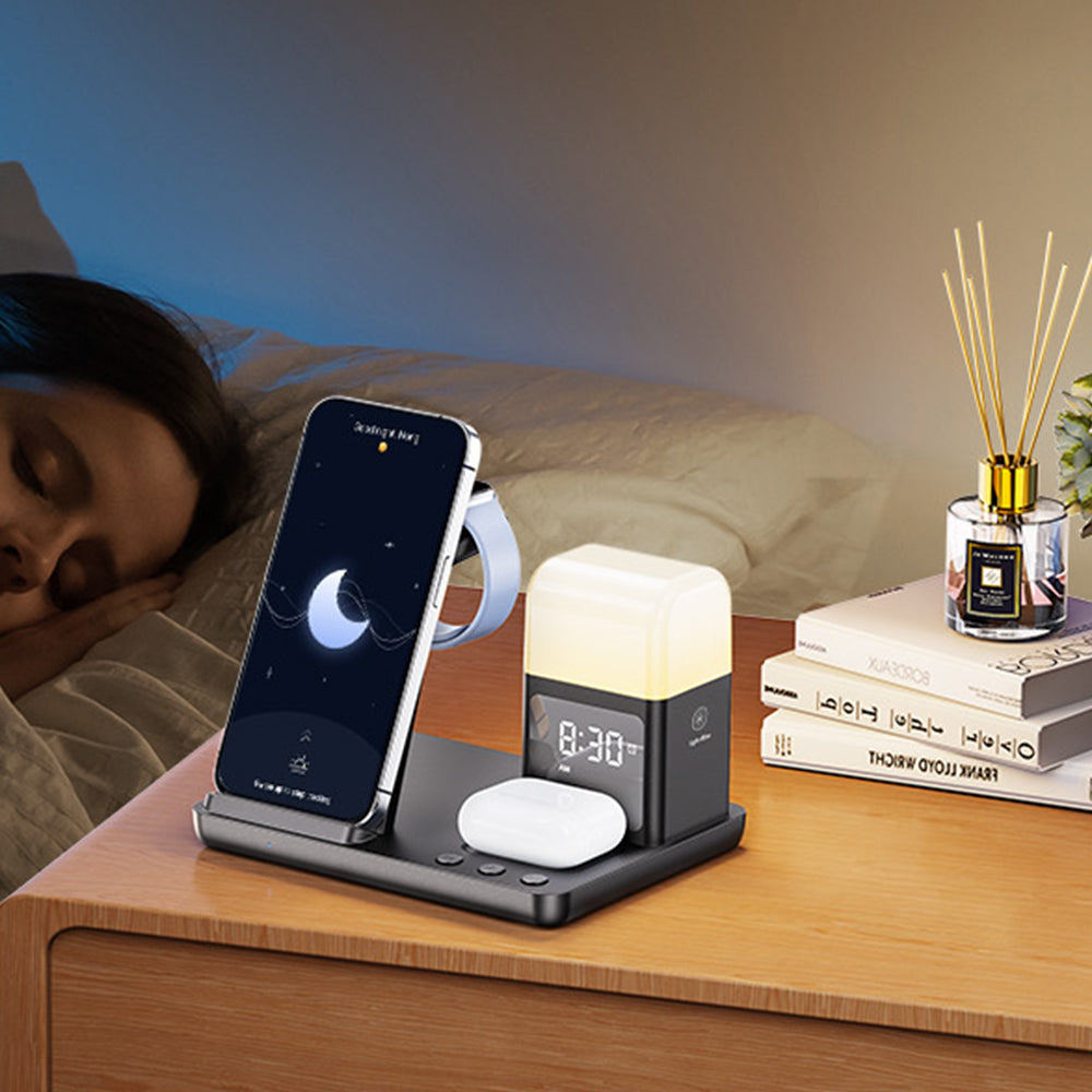 Wireless Charging Station with Alarm Clock Night Light 6-in-1 Charging Dock for Smartphone/Watch/Earbuds