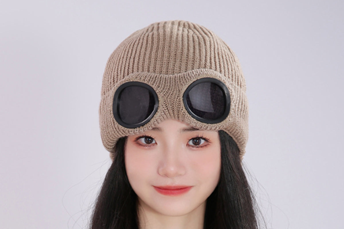 Winter Ski Hat with Goggles Thermal Knit Beanie - Khaki