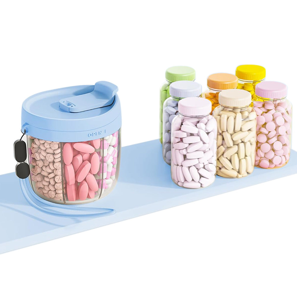7-Compartment Pill Organizer Bottle with Handle & Rotating Lid for Travel Blue