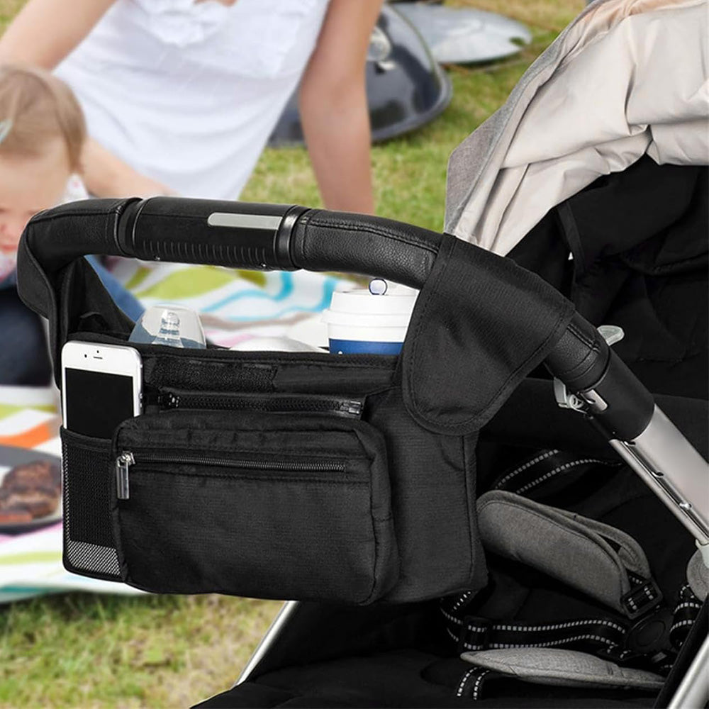 Universal Stroller Organizer with Cup Holder Travel Essential Caddy with Shoulder Strap Black