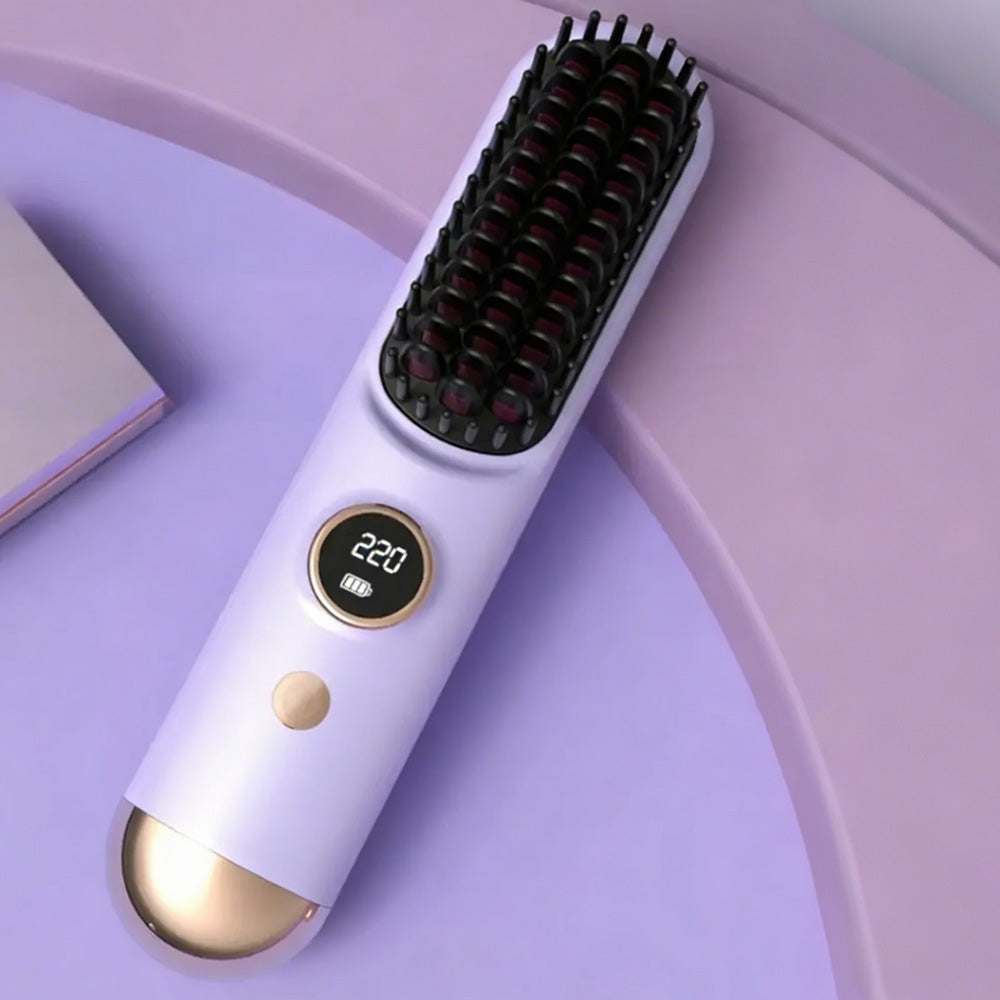 Cordless LCD Hair Straightening Brush 2-in-1 Portable Styling Tool for Travel-Purple