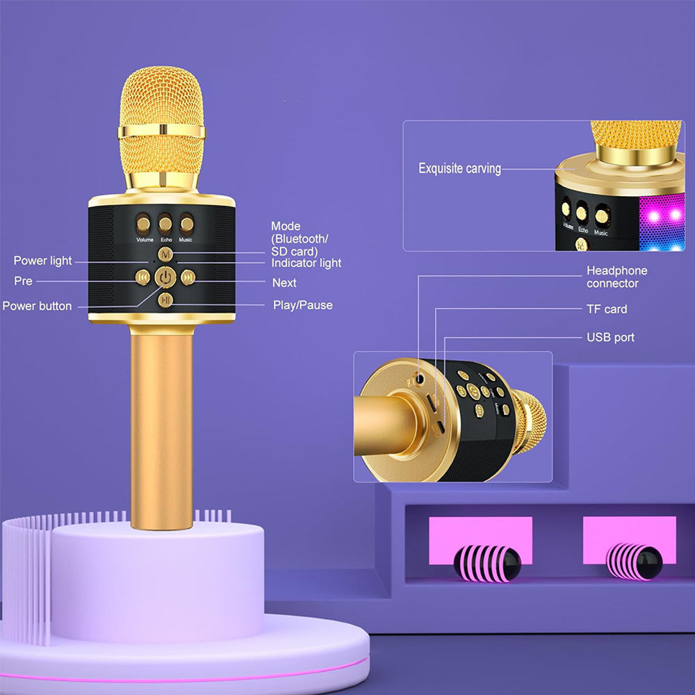 Wireless Bluetooth Karaoke Microphone with LED Lights Home Party Singing Mic Gold
