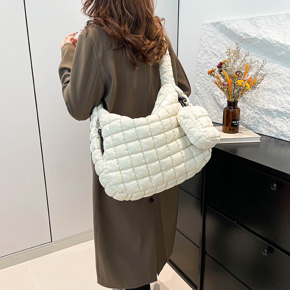 Puffer Tote Bag Quilted Puffy Crossbody Carryall Handbag White