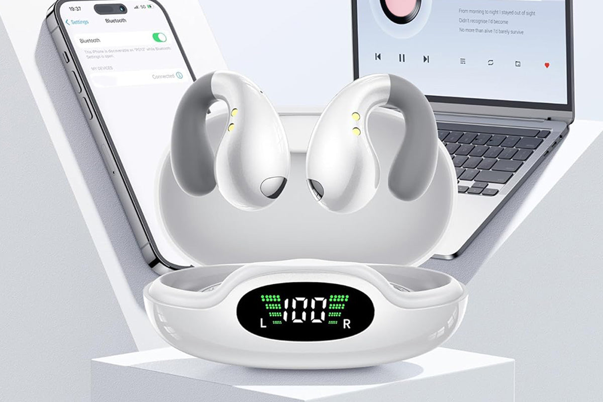 Open Ear Earbuds Ergonomic Clip-On Earbuds Bone Conduction Over-The-Ear Headphones-White
