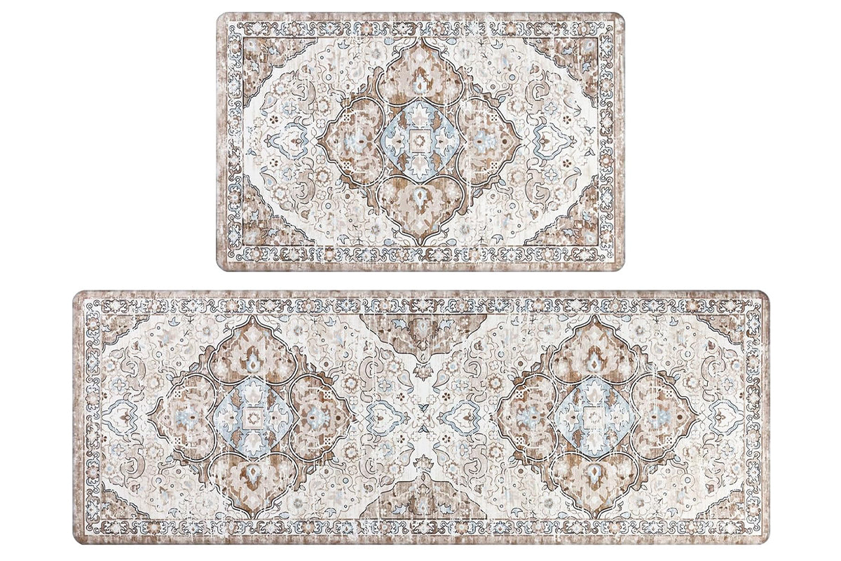 2Pcs Boho Anti-Fatigue Kitchen Mats Non-Slip Cushioned for Kitchen Sink Laundry -Khaki