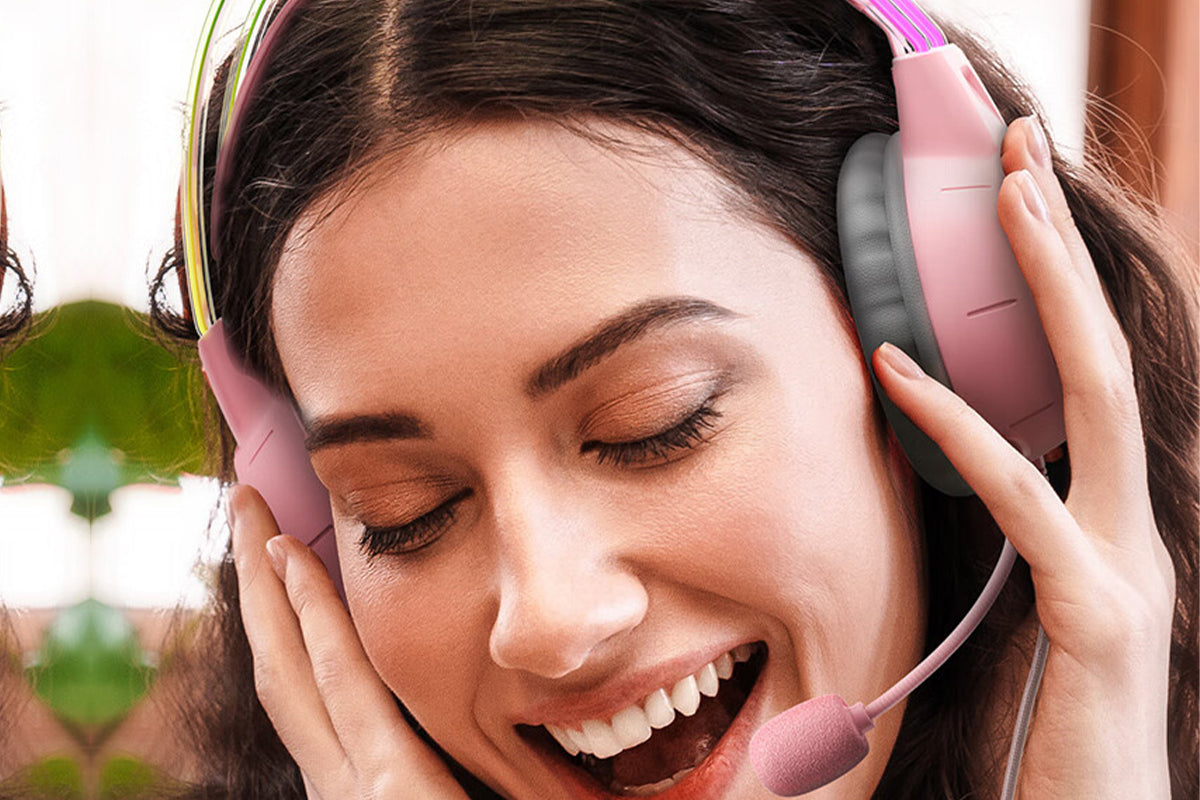 Gaming Headset with Microphone RGB Lighting Wired Over Ear Headphones Surround for PC Laptop PS4 PS5 Xbox Switch -Pink